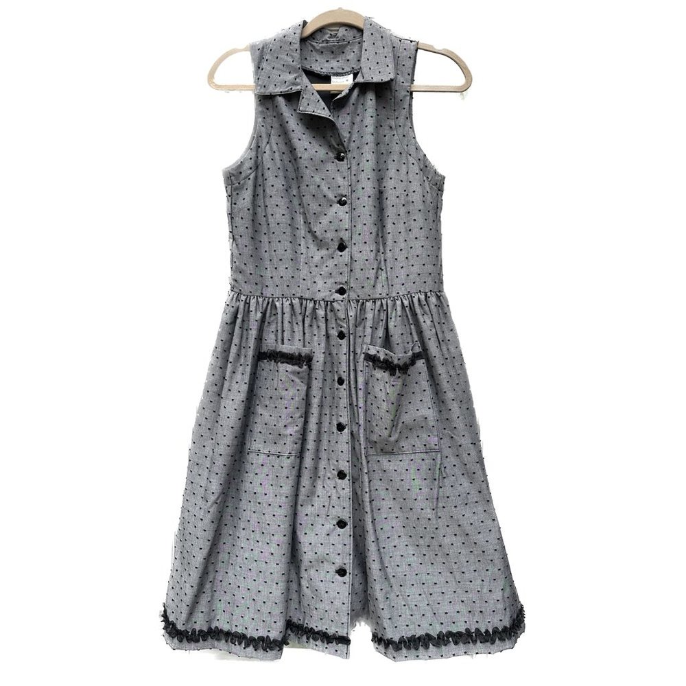 Vintage Dotted Dress with pockets & black pleated trim ~ Gray & Black - Picture 1 of 11
